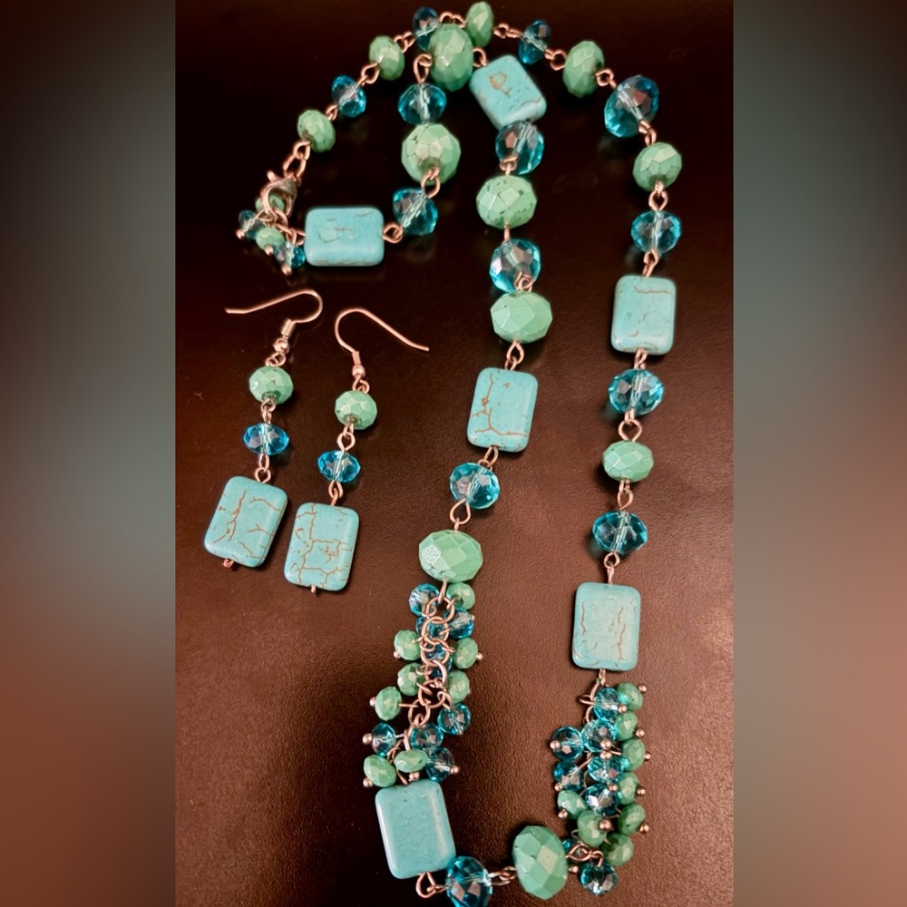 Two Piece Turquoise Beaded Necklace & Earring Set - Women's Jewelry - Picture 6 of 8